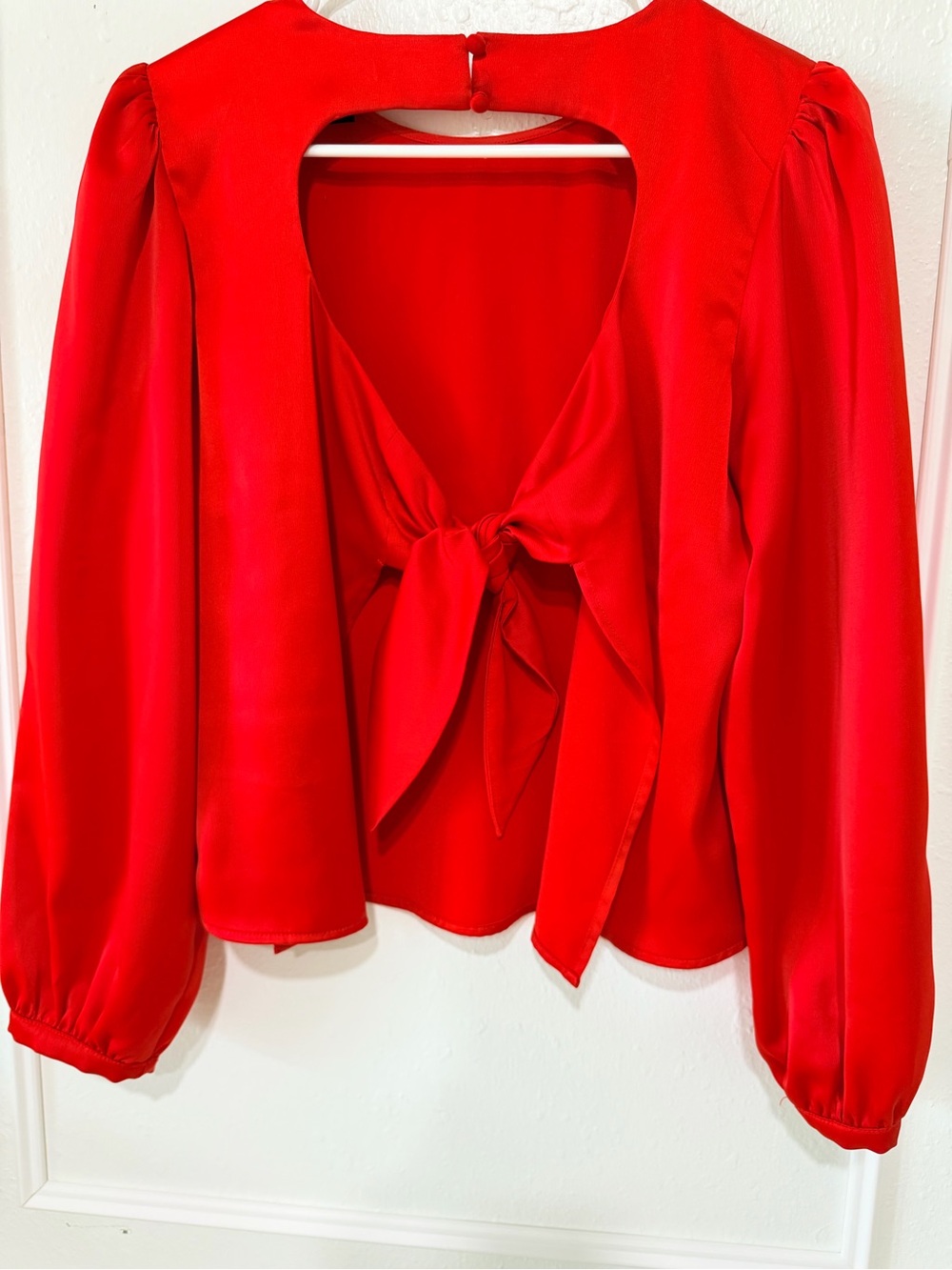 Orange-Red Tie-Back Puff Sleeve Blouse